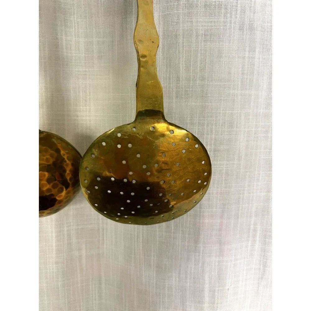 Antique Ornate Brass Ladle and Skimmer Set Embossed Floral Long Handle